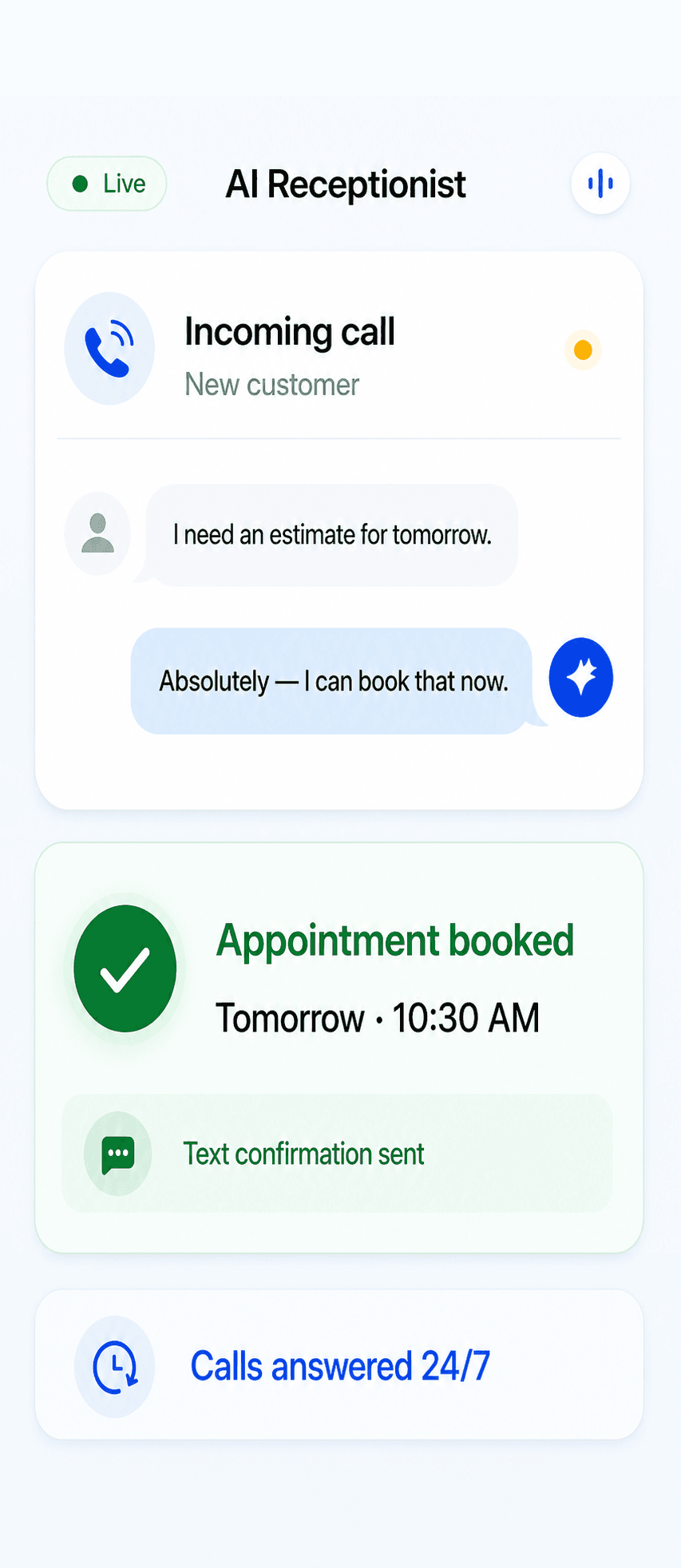 An AI receptionist answering a new customer call